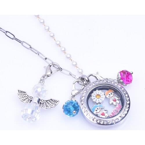 Rhinestone Stainless Steel Floating Glass Memory Photo Locket Necklaces Pendant Necklaces Women Mother Gift Jewelry Accessories