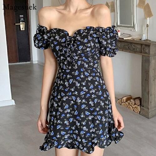 Vintage Summer Short Floral Dress Women 2021 New Off Shoulder Party Printed Dress Sexy Puff Sleeve Eleagnt Dresses Vestido 14586