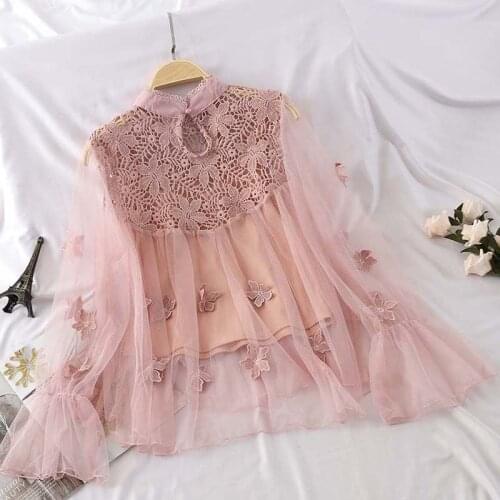 Women Blouse Spring Summer 2021 Shirt Long-Sleeved Lace Top Three-Dimensional Butterfly Mesh Doll Shirt Blusas Mujer De Moda