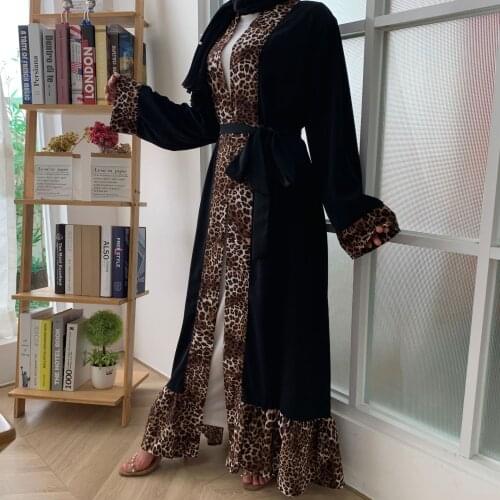 Spring Fall Long Sleeve Muslim Dress Women Robes Leopard Print Stitching Fashion Abaya Kimono Cardigan Maxi Long Dresses TA1819