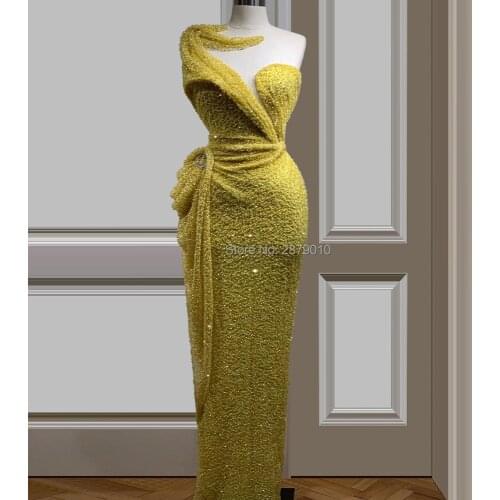 Luxury Yellow Evening Dress Sheath Floor-Length Beads Sequins Robe De Soiree Aibye Prom Dress Middle East Dubai Saudi Arabia