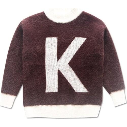 Boys 3-16Y O-neck Winter Casual Long Sleeve Pullover Mink Velvet Big Letters K Warm Keeping and Windbreak Sweaters Basic Sweater