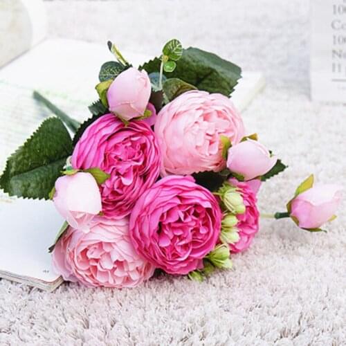 1 Bouquet Red Rose Pink Silk Rose Artificial Flowers Bouquet 5 Big Head and 4 Bud Cheap Fake Flowers for Home Wedding Decoration