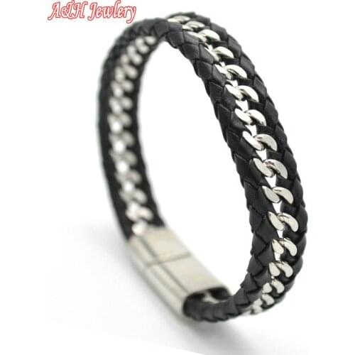 2015 New Fashion Stainless Steel Link Chain Genuine Leather Bracelets For Men Jewelry Magnet Clasp Bangles