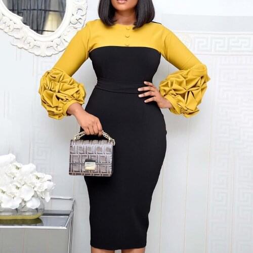 2021 New Fashion Yellow Work Dress Puff Sleeve Patchwork Midi Plus Size Elegant Casual Robe African Office Lady Vestiods Female