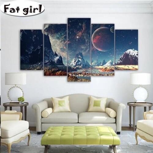 5D Diamond Painting 5 Panel Space Planet Snow Lake Galaxy Diy Full Square Round Drill Mosaic Embroidery Cross Stitch Wallpaper