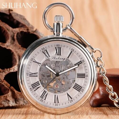 SHUHANG Vintage Retro Steel Silver Case White Dial Analog Mechanical Relogio Pendant FOB Chain Men Women Pocket Watch Hour Clock