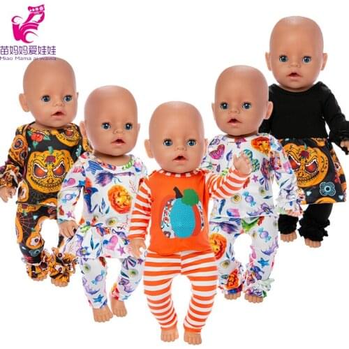 Baby Doll Clothes Pumpkin Skull Pajama Set for 17 Inch Baby New Born Doll Oufit 18 Inch Doll Clothes Kids Halloween Gift