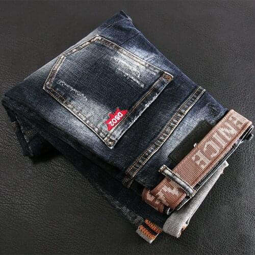 American Street Style Fashion Men Jeans Retro Dark Blue Elastic Slim Ripped Jeans Men Spliced Designer Hip Hop Denim Biker Pants