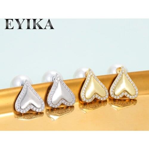 EYIKA Charms Gold Silver Color Invert Love Heart Pearl Stud Earring Women Zircon Exquisite Jewelry Accessories Gift Aros Mujer