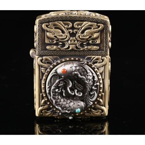 Ouble Carp style creative Chinese style old-style kerosene lighter disc high-speed rotation of silver brass set loose stone