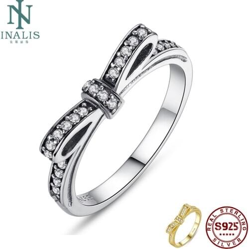 INALIS 925 Sterling Silver Sparkling Bowknot Stackable Ring Micro Pave Cubic Zircon For Women Valentines Day Gift Jewelry Hot