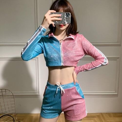 Womens Nightclub Ds Jazz Dance Costumes Sequins Costume Sexy DJ Female Singer Hip Hop Performance Suit Tops Shorts 2 Pcs DL6757