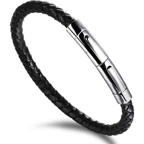 316L Stainless Steel Silver Color Black Real Jewelry Screw Leather Cuff Bracelet For Men Gift