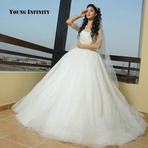 New Arrival Heavy Beading Pearls Ball Gown Wedding Dress 2020 Saudi Arabia Bridal Gown White Formal Bride Dress Custom Made