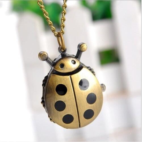 NEW Small Vintage Ladybug Pocket Watch Bronze Necklace woman black dots