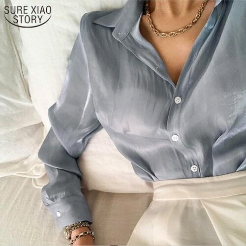 Autumn Fashion See Through White Satin Silk Shirt Vintage Blouse Women Long Sleeves Female Korean Loose Street Shirts 11971
