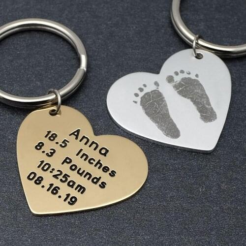 Personalized Keychain with Footprints,Custom Heart Footprints Photo Key Chain,Baby Birth Memorial Gift,Gift for New Dad Mom