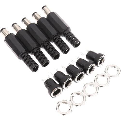 5.5x2.1 DC Power Supply Plug Connector + Female Metal Panel Mount Socket Jack Plug DC Connectors Terminal Adapter 5.5mm X 2.1mm