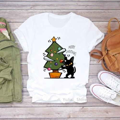 Merry Christmas Tshirts Women Clothes 2021 Black Cat Graphic T Shirt Femme Harajuku Shirt Kawaii Clothes Funny Female T-Shirt