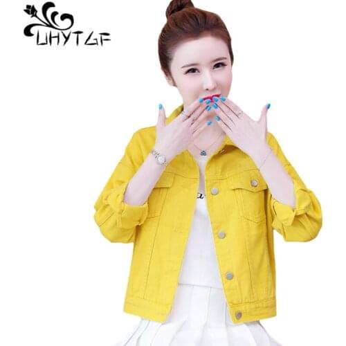 UHYTGF Denim Jacket Women Long-Sleeved Elegant Student Spring Autumn Jeans Coat Casual Short Tops Loose Plus Size Outerwear 1562