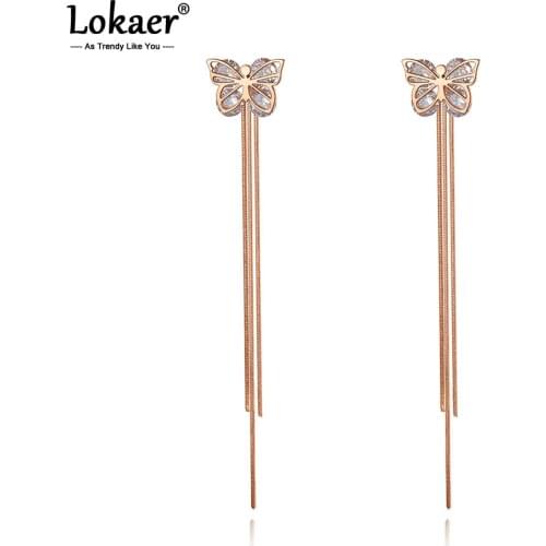 Lokaer Trendy Bohemia Butterfly Long Tassel Animal Earrings For Women Girls Titanium Steel CZ Crystal Party Earrings E20144