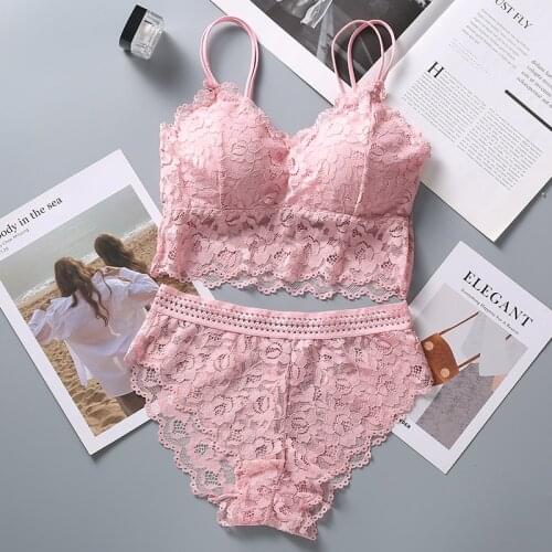 Women Lace Bra Set Sexy Lingerie French Bralette Lace Panties Cropped Bra Panty Set Female Intimates Seamless Underwear Set