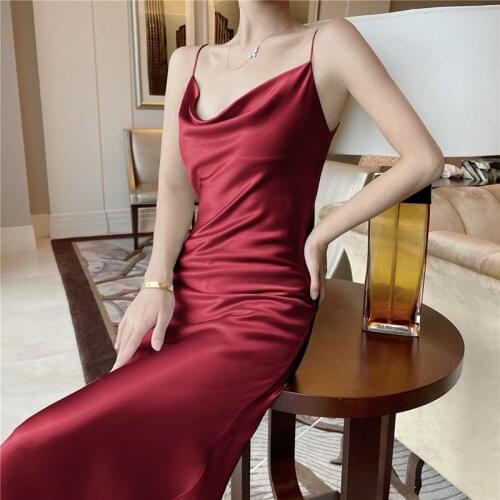 2021 Summer Women Satin Dress Vintage Spaghetti Strap Split Red Silk Sexy Long Party Dress Plus Size vestido