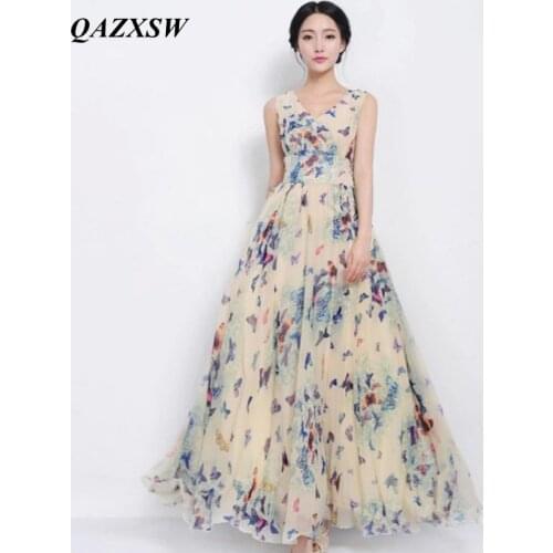QAZXSW 2018 Spring Summer Plus Size Dresses For Women Chiffon Long Dress Butterfly Printing Women Party Dresses Vestidos YX0093