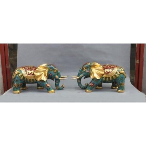 21 China Royal Cloisonne Bronze Bat flower JiXiang Elephant Statue Pair