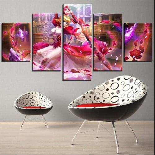 5 Pieces Pretty Girl Lady With Sword Cartoon Canvas Painting Animation Posters Pictures Fate Zero Wallpapers For Home Decor