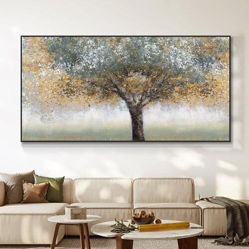 Abstract Yellow Green Tree Oil Painting Thick Textured 100% Hand Painted On Canvas Handmade Wall Art For Living Room Home Decor