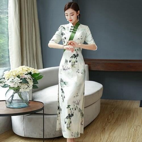 Ao Dai Dress New Arrival 2020 Traditional Chinese Dress Qipao Sexy Cheongsam Slit Long Robe Vintage Femme Oriental Dress 10071