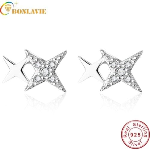 BONLAVIE Four Pointed Star Shape Women Stud Earrings Anniversary 925 Sterling Silver Earing