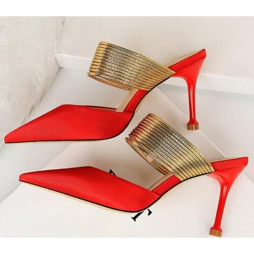 New Women 8.5cm High Heels Stiletto Satin Sandals Lady Sexy Gold Strap Mules Pumps Slides Scarpins Heels Silk Prom Party Shoes