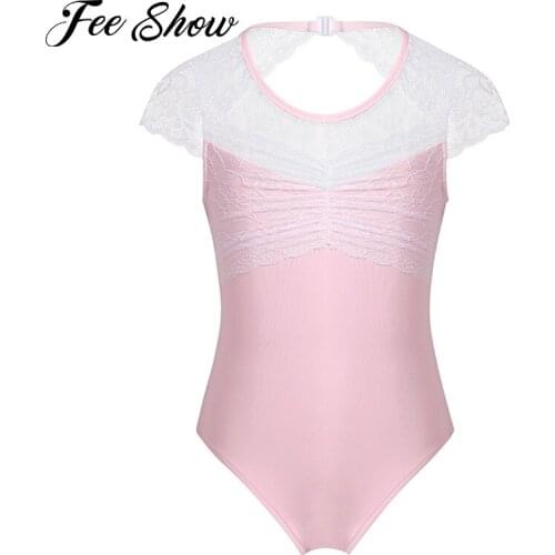 Kids Girls Ballet Tutu Dress Short Sleeves Lace Splice Cutouts Ballet Jumpsuit Gymnastics Leotards for Girls Jumpsuits Dancewear