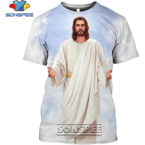 SONSPEE Religion Christ Jesus God Women Mens T Shirt Tops Casual Streetwear Harajuku Hip Pop Cartoon Painting 3D Tee Shirt Cool
