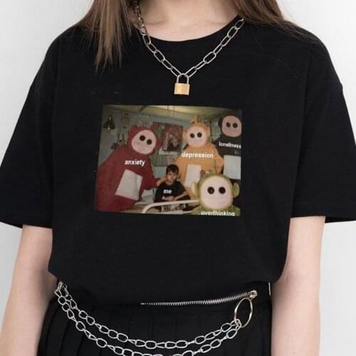 1pcs Funny Printed T Shirt Man Women Short Sleeve Tees Teletubbies Around Me Anxiety Depression Lonliness Overthinking Cotton