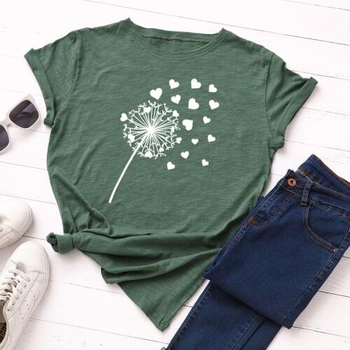 100%Cotton TShirt Dandelion Print Kawaii Graphic T-Shirt Women O Neck Short Sleeve Tees Summer Women T Shirt Pink Tops