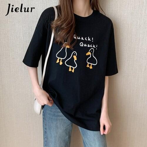 Jielur Summer Cotton T-shirts Women Black White Cute Cartoon Duck Print Short Sleeve Tee Shirt Female BF Woman Harajuku T-shirt