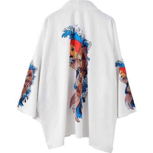 Carp Kimonos Cardigan Men Yukata Women Japanese Traditional Unisex Harajuku Beach Loose White Thin Sun-protective Shirts V2014