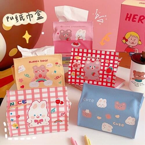 Cute Bear Tissue Box Home PU Desktop Tissue Storage Student Dormitory Pumping Box Girls Makeup Bag Rabbit Home Storage Holder