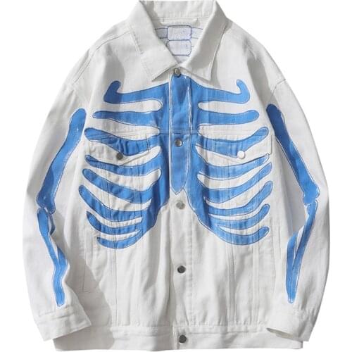 Hip Hop Hand Painted Bone Print Denim Jacket Mens Harajuku College Style Streetwear Bomber Jacket Men Baseball Coats Unisex