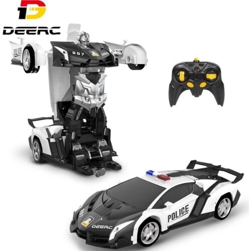 DEERC 1:18 Remote Control Car Transform Police Toy Cars Deformation RC Robot Vehicle One Button Transforming Boys Kids Gift DE39