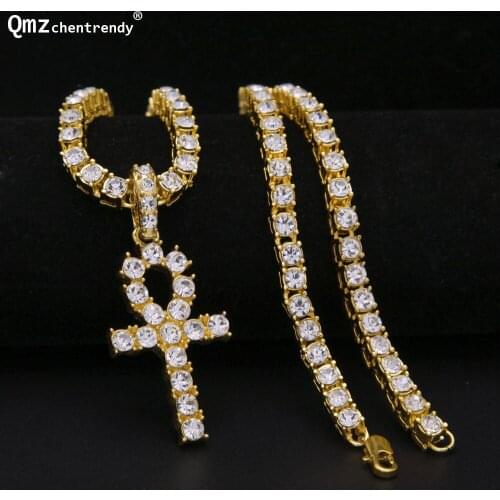 Fashion Vintage New Egyptian Ankh Key Of Life Pendant Necklace Bling Rhinestones Hip hop Pharaoh Link Chain Jewelry