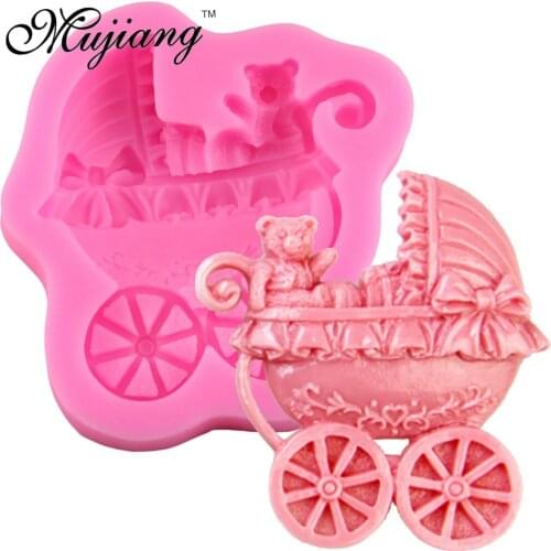 Mujiang Baby Bear Stroller Silicone Cake Mold Fondant Cake Decorating Tools Chocolate Candy Molds Clay Soap Candle Moulds