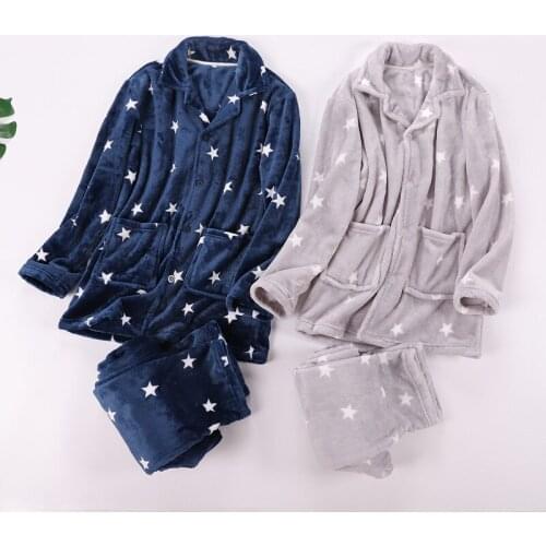 MenS Pajamas Autumn And Winter Thickened Flannel Long-Sleeved Lapel Sleepwear Coral Velvet Loose Large Size Home Service Suit