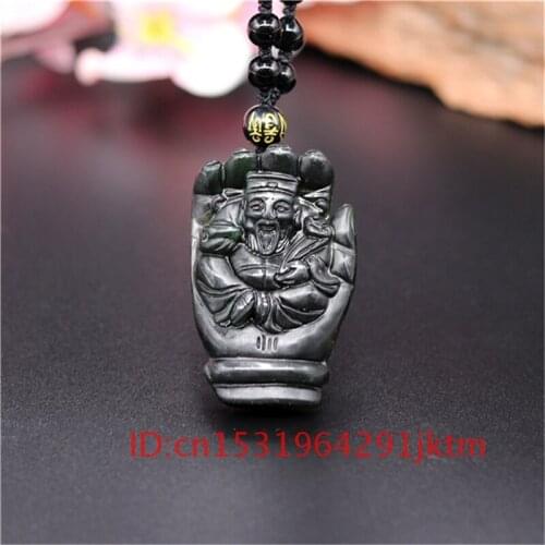 Natural Amulet Black for Pendant Chinese Charm Necklace Accessories Jewelry Obsidian God Wealth Carved Gifts Green Men Jade of