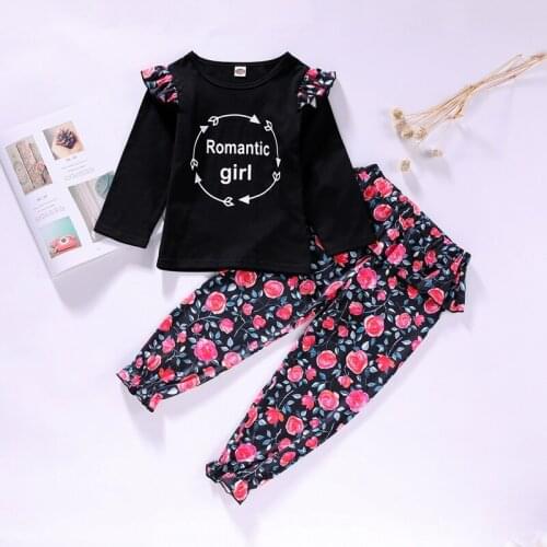 New Fashion Kids Clothes 2 Pcs Set Cotton Letter Flying Long Sleeve Tops+flower Print Ruffles Trousers Toddler Girl Clothes 1-6Y