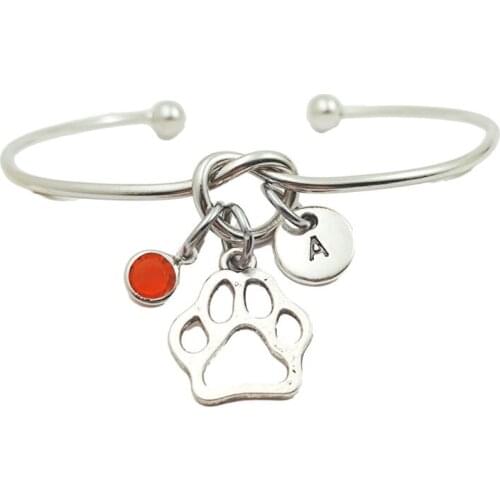 Paw Print Animal Retro Creative Initial Letter Monogram Birthstone Adjustable Bracelet Fashion Jewelry Women Gift Pendant